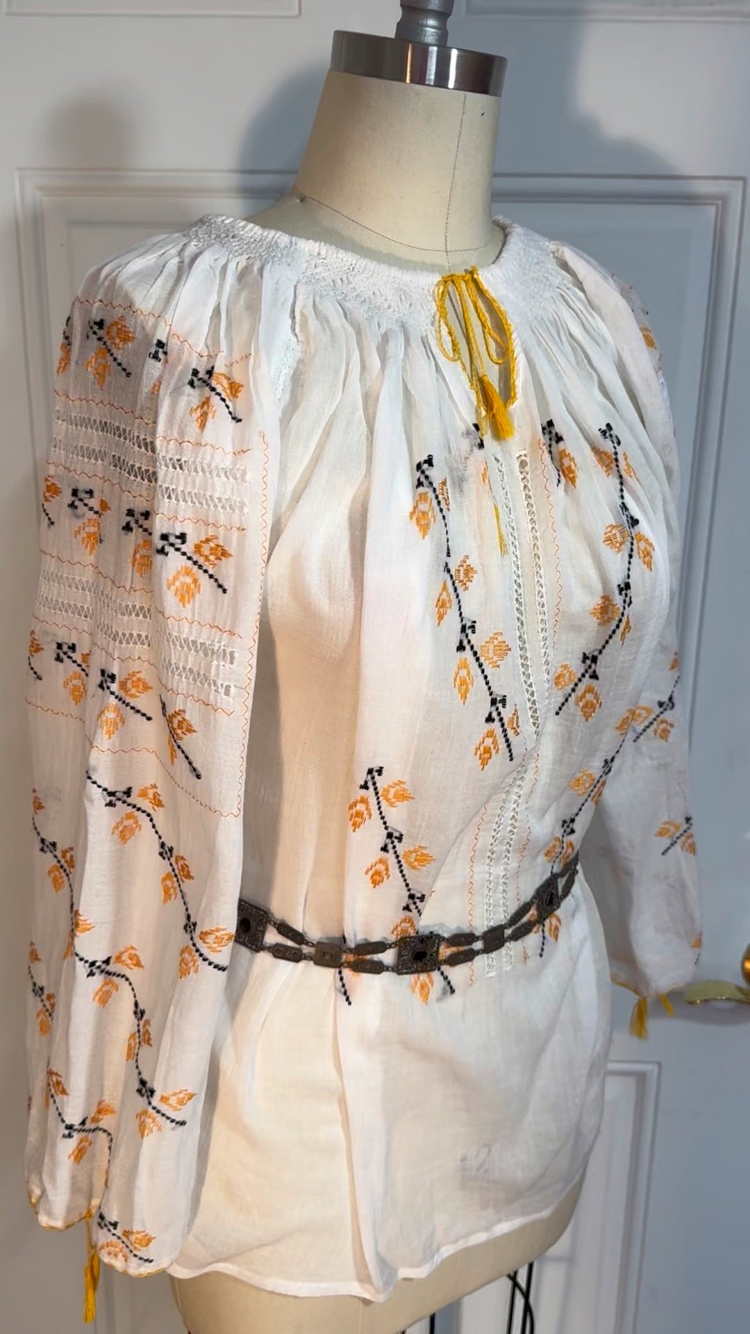 White Peasant Blouse with Silk Yellow Flower Embroidery Carpatina