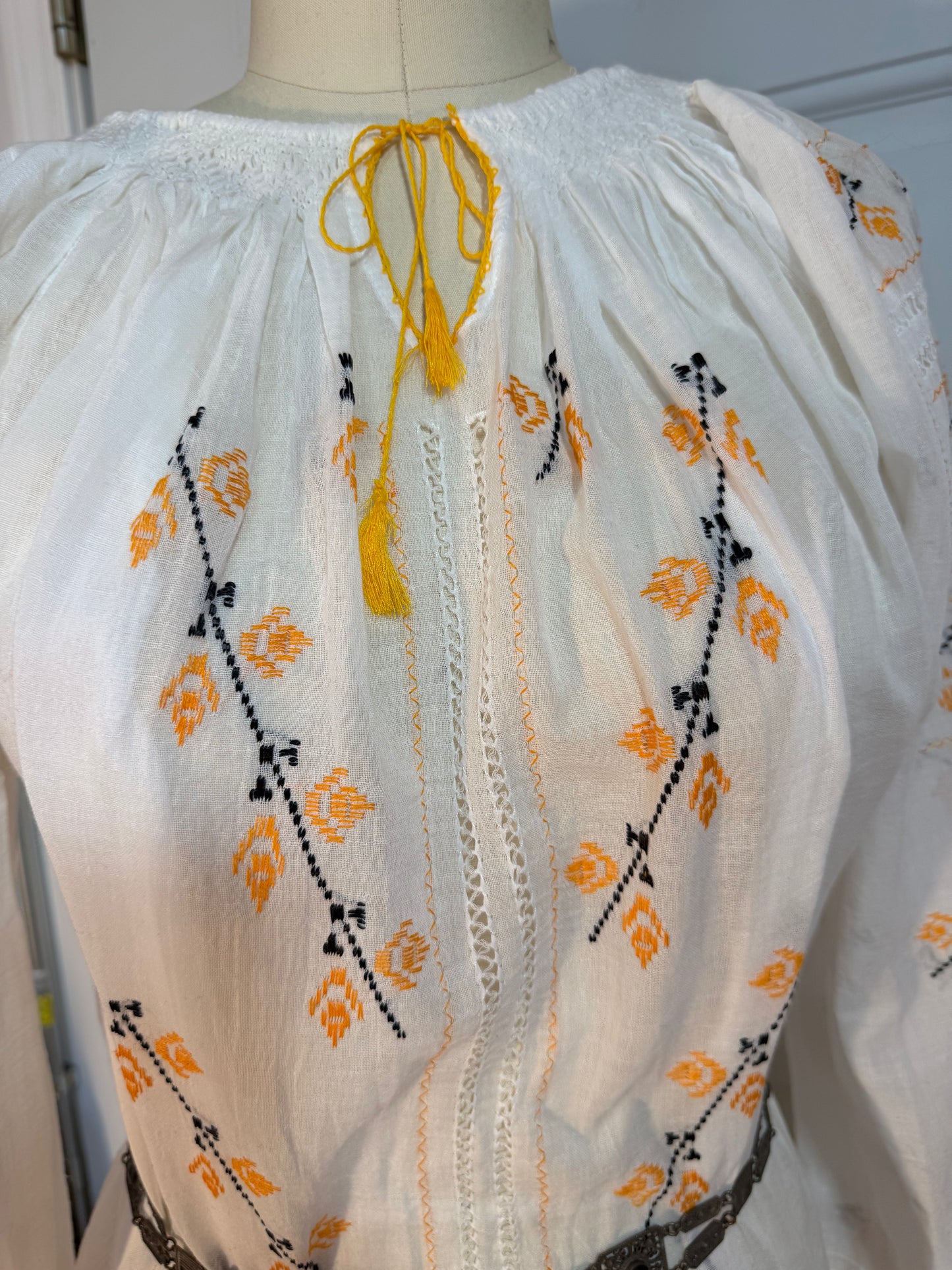 White Peasant Blouse with Silk Yellow Flower Embroidery Carpatina