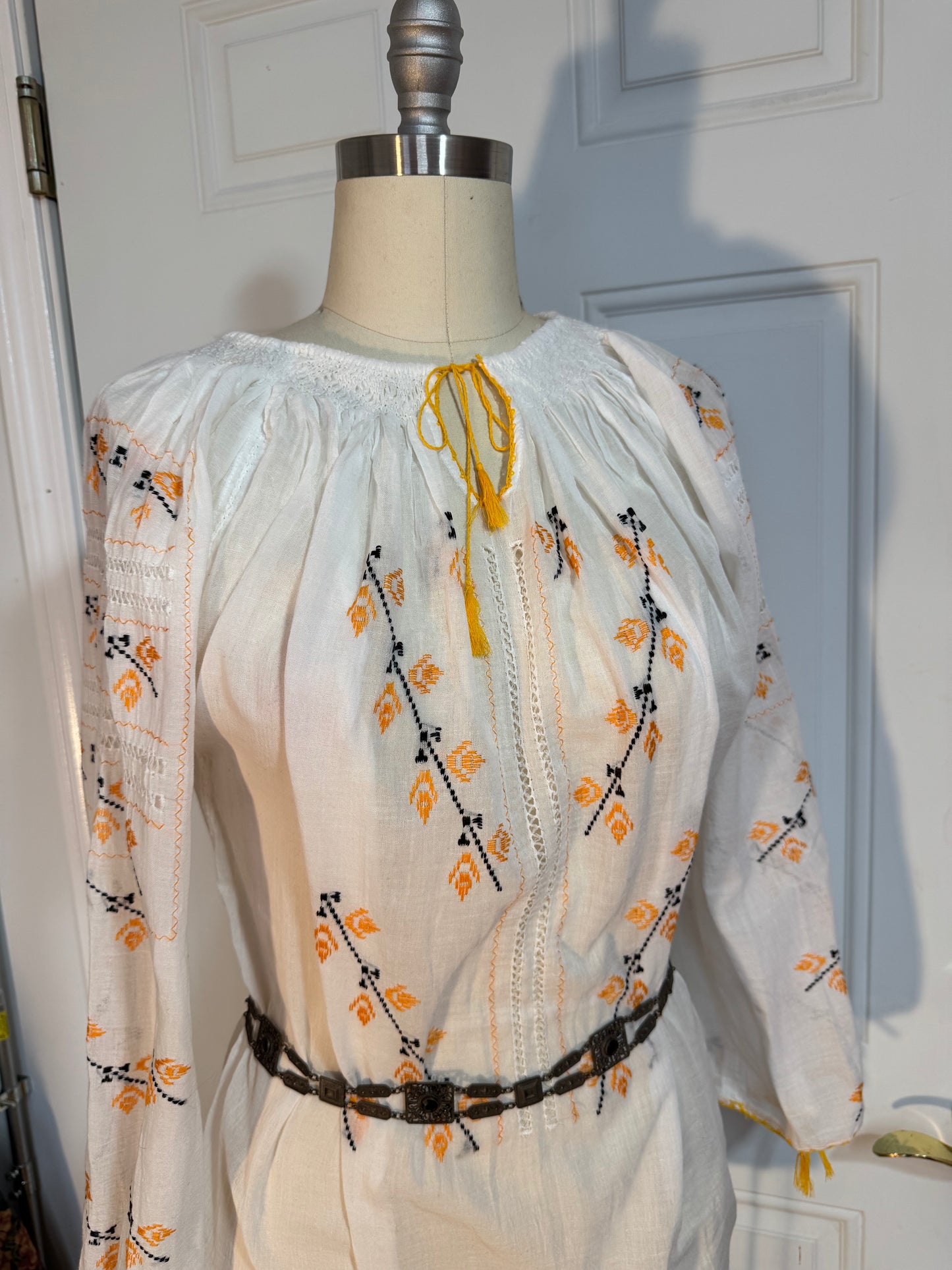 White Peasant Blouse with Silk Yellow Flower Embroidery Carpatina
