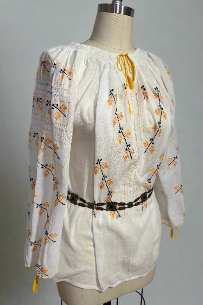 White Peasant Blouse with Silk Yellow Flower Embroidery Carpatina