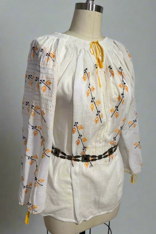 White Peasant Blouse with Silk Yellow Flower Embroidery Carpatina