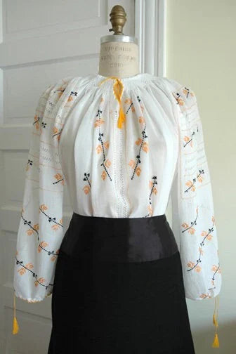White Peasant Blouse with Silk Yellow Flower Embroidery Carpatina