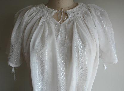 White Peasant Blouse with Silk Embroidery