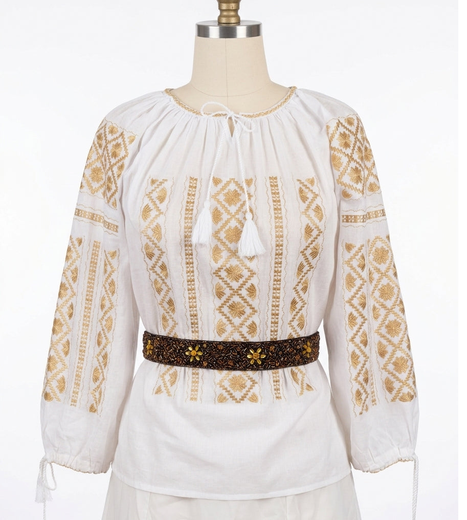 White Peasant Blouse with Gold  Embroidery