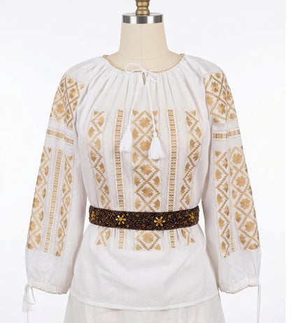 White Peasant Blouse with Gold  Embroidery