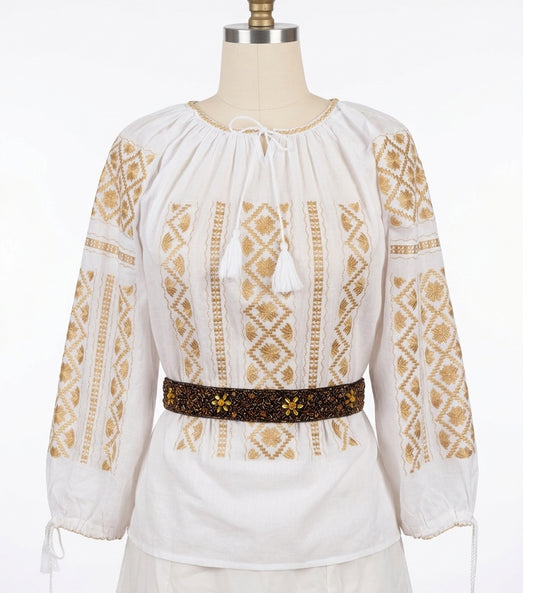 White Peasant Blouse with Gold  Embroidery