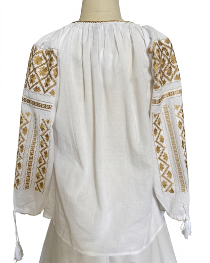 White Peasant Blouse with Gold  Embroidery