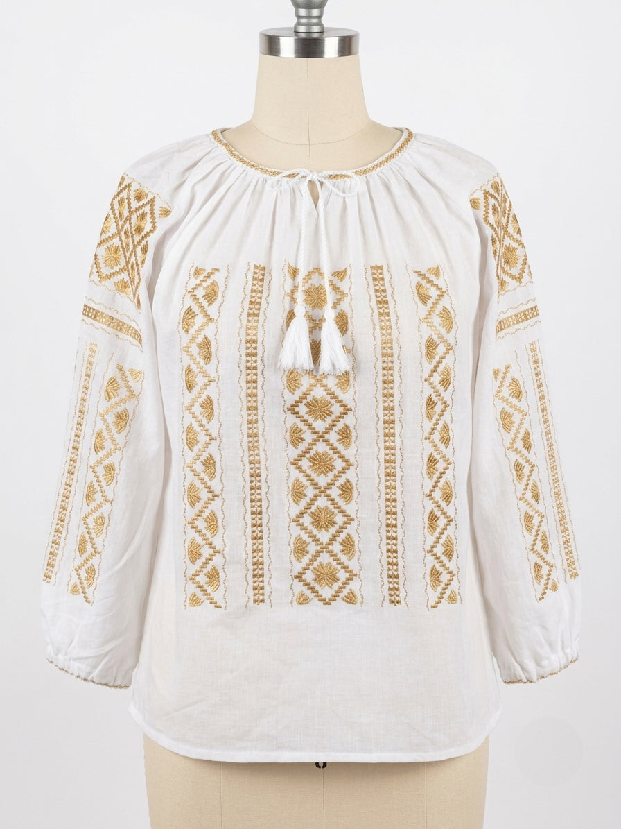White Peasant Blouse with Gold  Embroidery