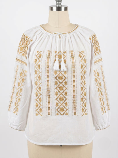 White Peasant Blouse with Gold  Embroidery