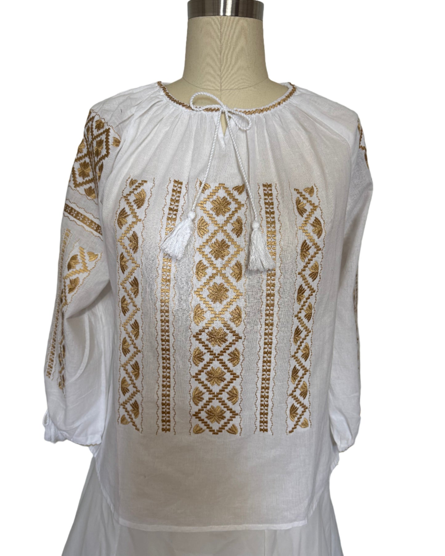 White Peasant Blouse with Gold  Embroidery Carpatina