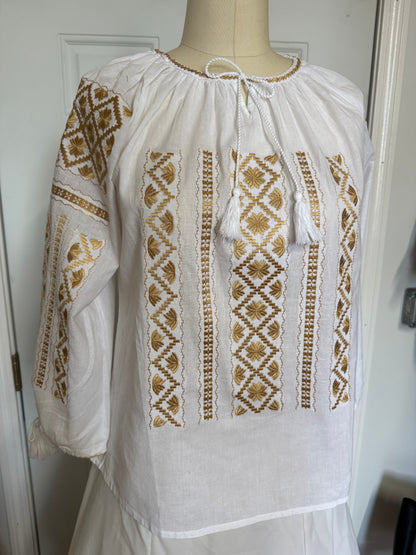 White Peasant Blouse with Gold  Embroidery Carpatina