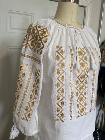 White Peasant Blouse with Gold  Embroidery Carpatina