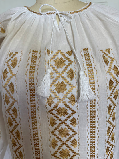 White Peasant Blouse with Gold  Embroidery Carpatina