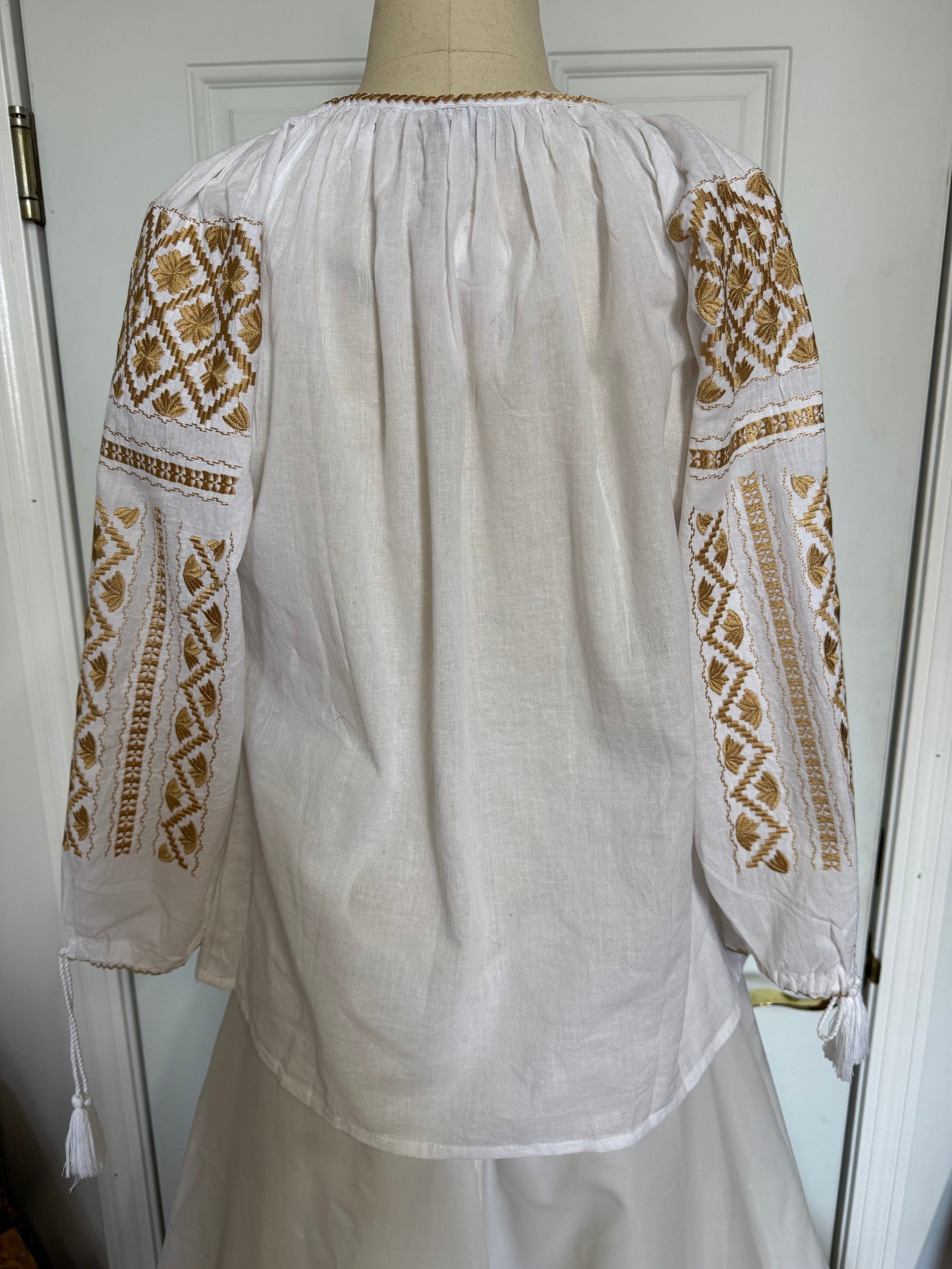 White Peasant Blouse with Gold  Embroidery Carpatina