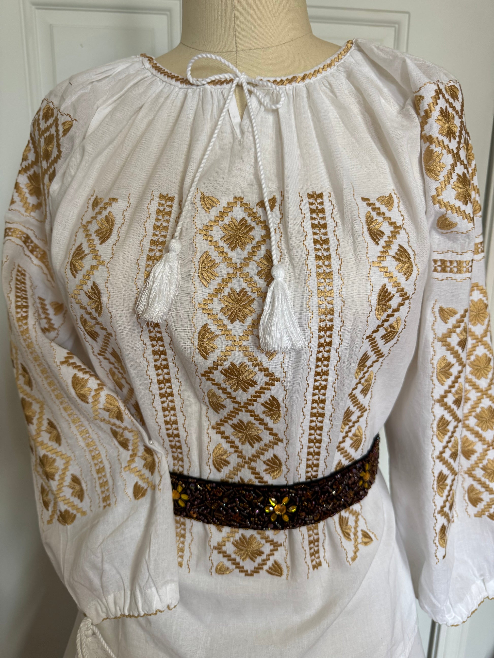 White Peasant Blouse with Gold  Embroidery Carpatina