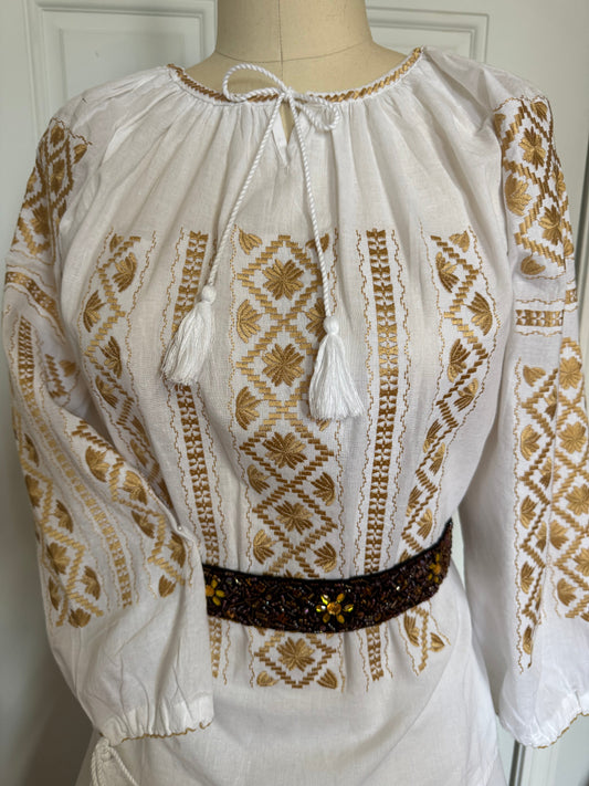 White Peasant Blouse with Gold  Embroidery Carpatina